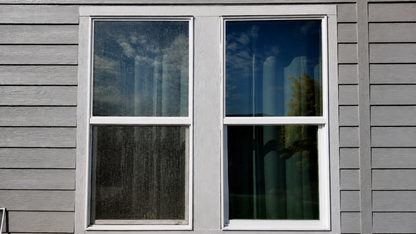 Side-by-side before and after of an exterior window — left pane dirty and streaked, right pane crystal clear